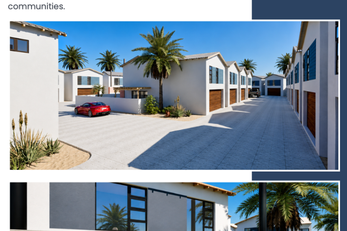 A composite image showing the exterior facade of a modern townhouse development with paved driveways, garages, and a private patio area with built-in braai.