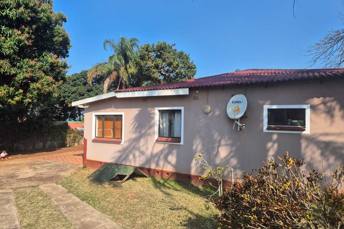 Rear view of the house showing the exterior brick walls, corrugated metal roof, and surrounding garden area with a concrete driveway.