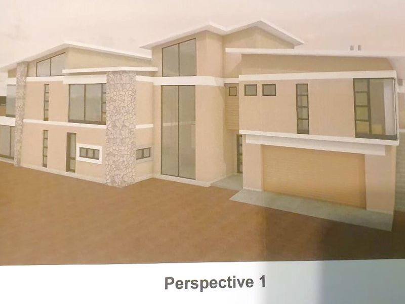 Architectural perspective rendering of a modern multi-level house featuring stone cladding, large windows, and an integrated garage.
