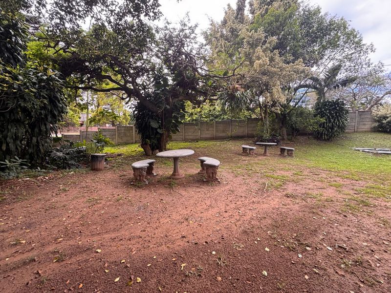 A spacious backyard garden featuring mature trees, a precast concrete boundary wall, and established stone seating areas set within a natural landscape.