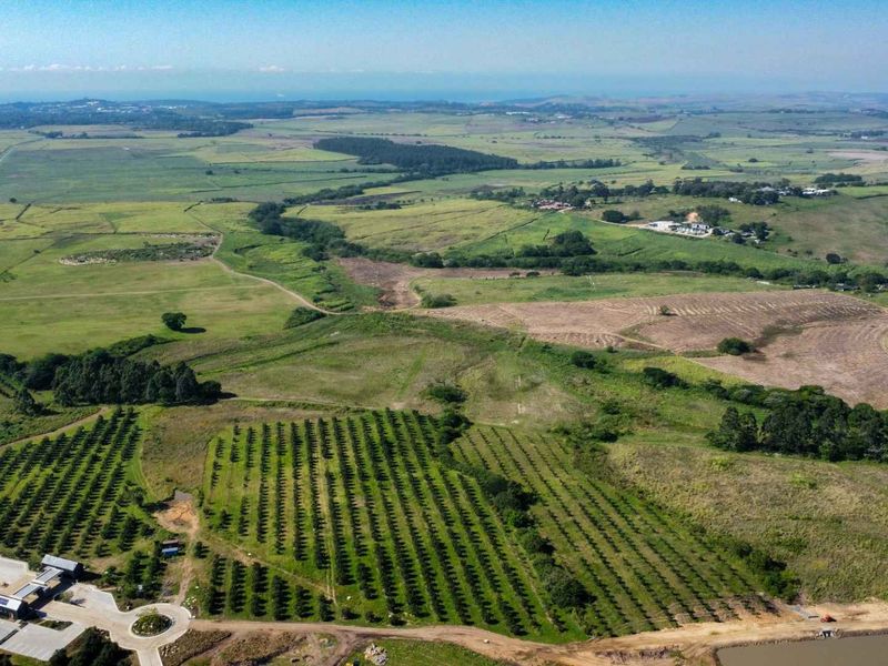 An expansive aerial view of the farm property, showcasing extensive agricultural land, orchards, and the main building complex with a paved driveway.