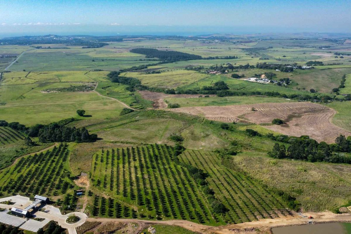 An expansive aerial view of the farm property, showcasing extensive agricultural land, orchards, and the main building complex with a paved driveway.
