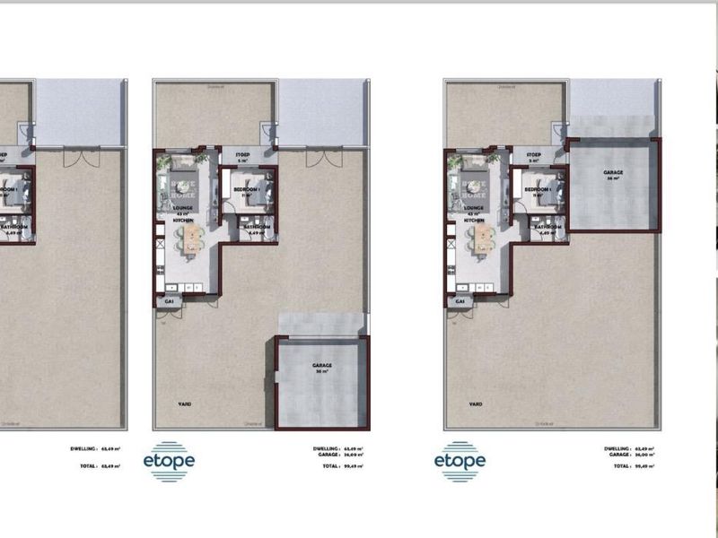 A marketing brochure image displaying floor plan layouts for a one-bedroom residential unit alongside interior renderings.