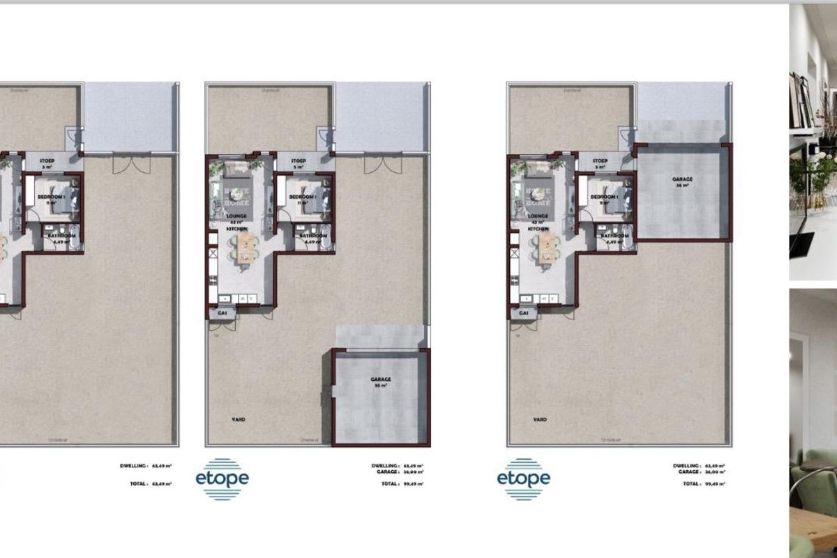 A marketing brochure image displaying floor plan layouts for a one-bedroom residential unit alongside interior renderings.