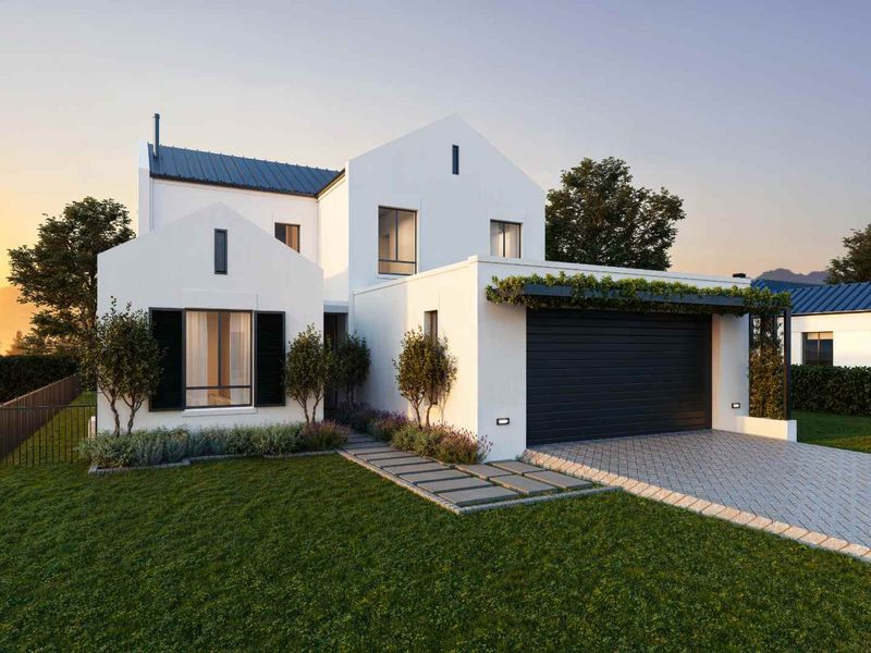 Modern double-story residence featuring a clean white facade, dark metal roofing, integrated double garage, and a neatly landscaped front garden with stone walkway.
