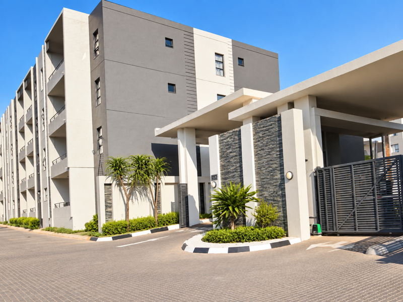 Modern apartment complex entrance featuring a paved driveway, secure gated access, stone-clad pillars, and contemporary architectural design.