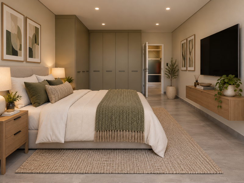 A modern, well-appointed bedroom featuring neutral tones, extensive built-in cabinetry, recessed lighting, and a sleek floating media console.