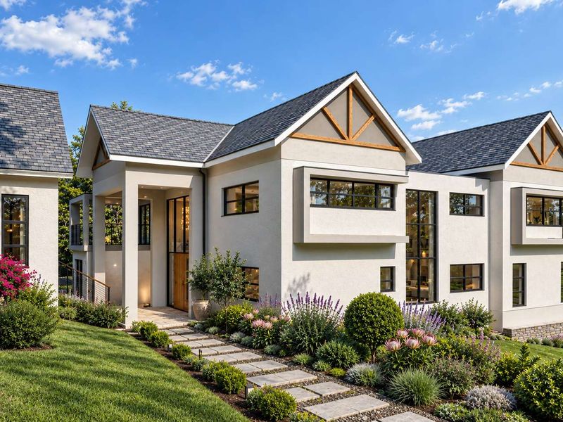 A modern luxury residence featuring a striking stucco facade, timber gable detailing, and a beautifully landscaped garden with a stone pathway leading to the entrance.