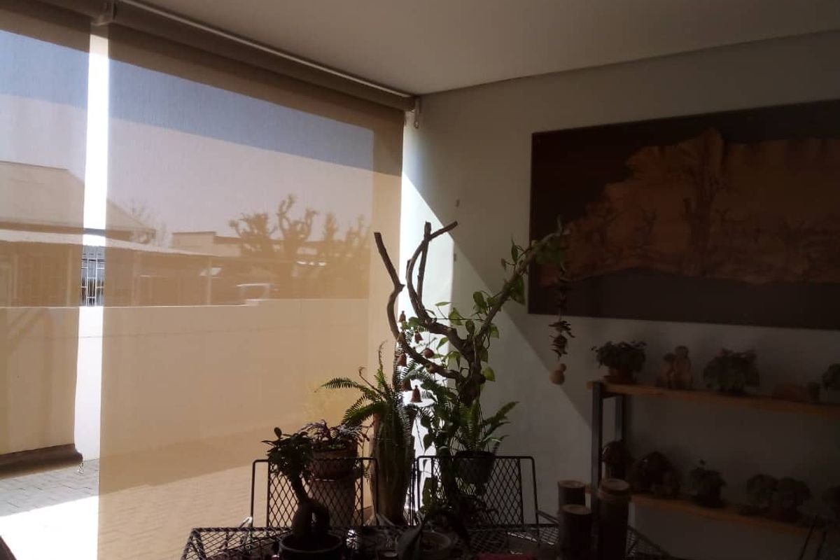 A living area featuring large roller blinds that provide adjustable natural light control.
