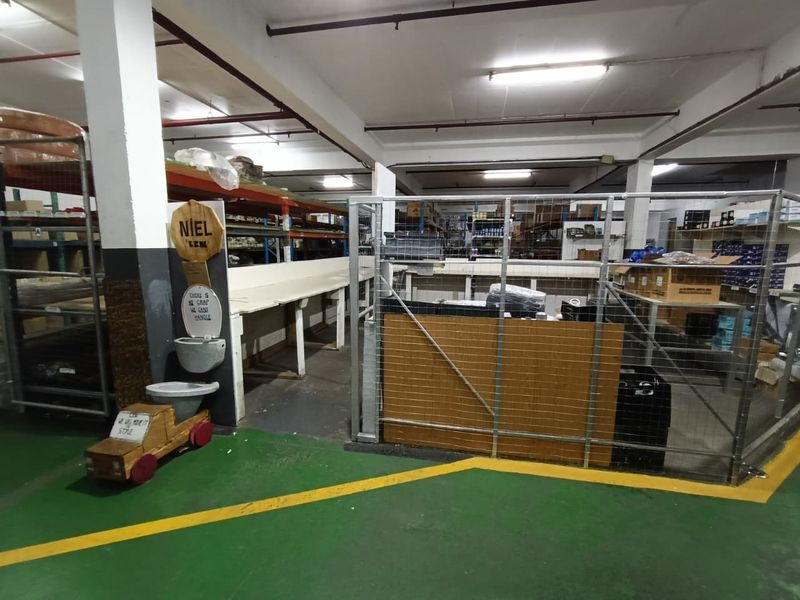Industrial warehouse or utility space featuring exposed ceiling infrastructure, metal mesh partitioning, heavy-duty shelving units, and painted concrete flooring.