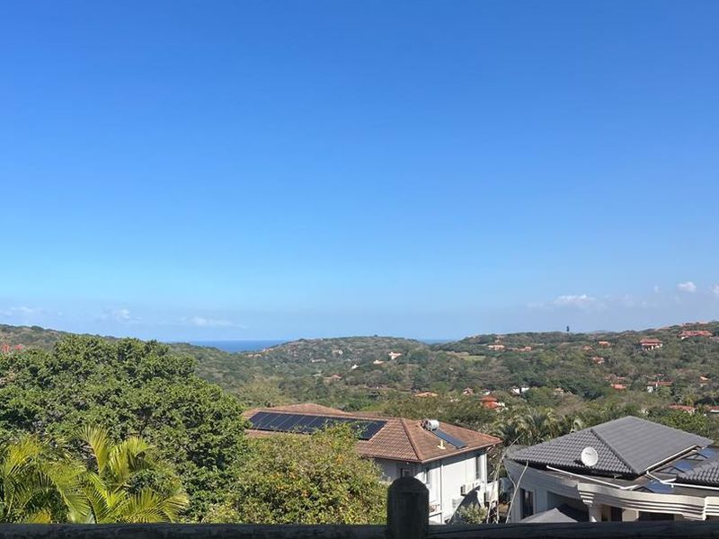 Elevated scenic view overlooking surrounding residential properties, lush greenery, and distant coastal horizon.