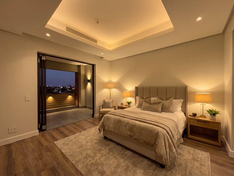 Spacious bedroom featuring recessed ceiling lighting, laminate flooring, and bi-fold doors opening onto a private balcony with evening views.
