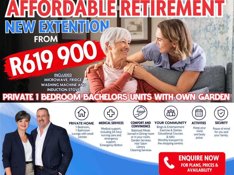 Promotional marketing flyer for a retirement apartment development featuring unit pricing, included appliances, and community service information.
