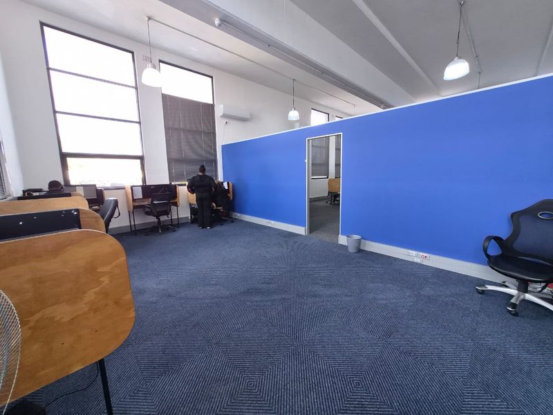 Spacious office area featuring high ceilings, large windows for natural light, blue partition wall, and carpeted flooring.