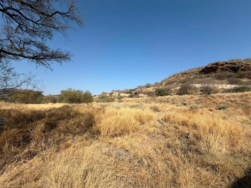 A wide-angle view of a vacant commercial land plot featuring natural dry grass, native trees, and a rocky hillside backdrop.
