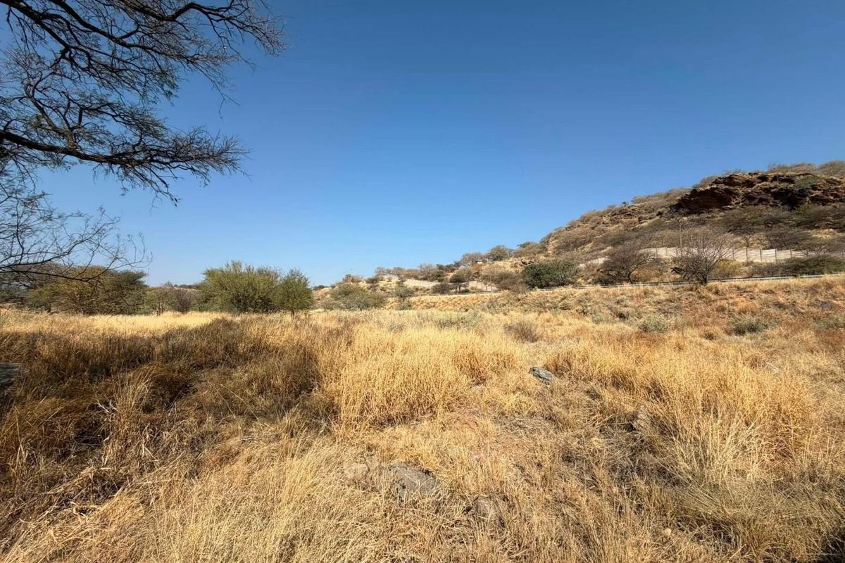 A wide-angle view of a vacant commercial land plot featuring natural dry grass, native trees, and a rocky hillside backdrop.