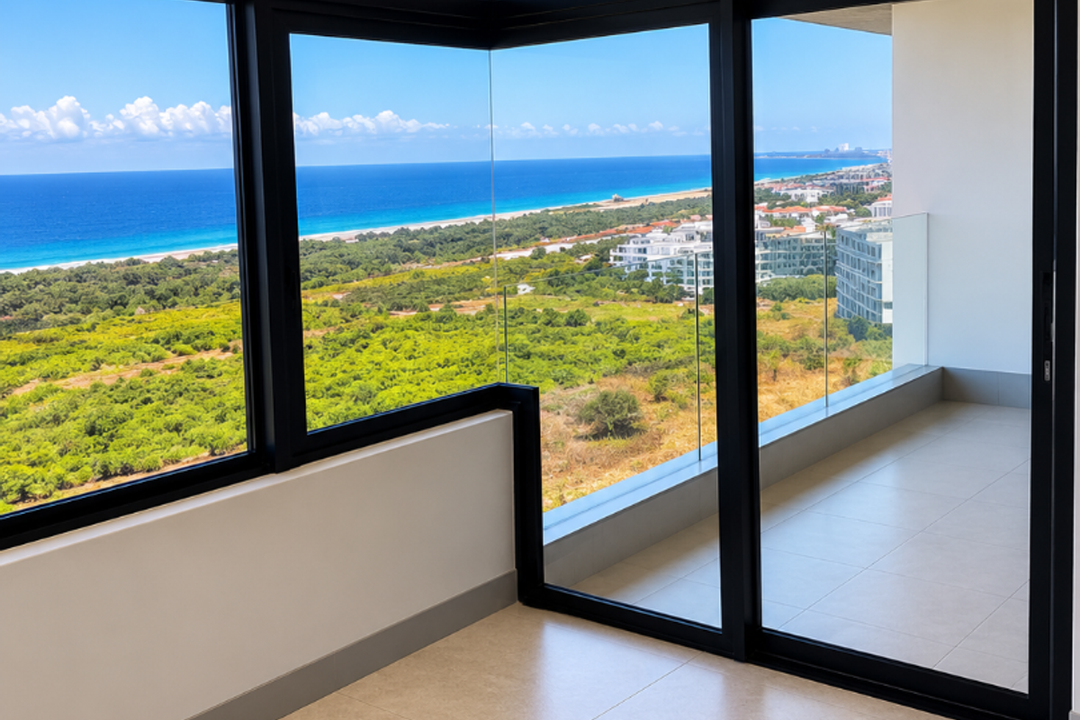 A bright, modern living area featuring expansive floor-to-ceiling windows and a sliding door leading to a balcony with panoramic ocean and coastal views.
