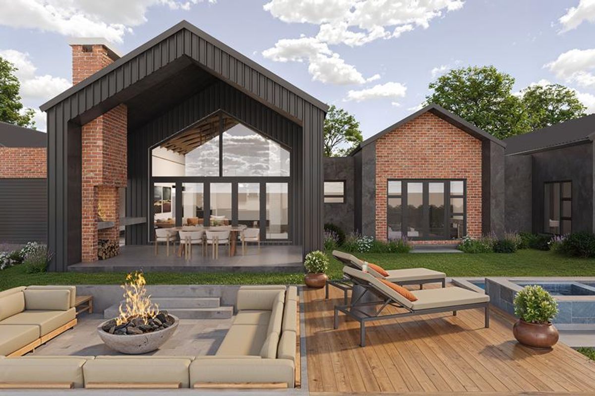 A modern architectural rear exterior featuring a covered patio, swimming pool, sunken fire pit area, and a mix of brick and dark metal cladding.