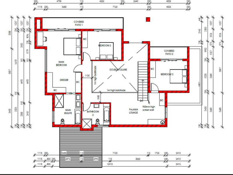 Architectural floor plan showing the layout of the upper level, including three bedrooms, ensuite, pajama lounge, and covered patio areas.