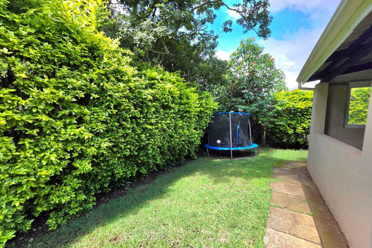 A private rear garden area featuring a manicured lawn, established hedge boundary, and a paved walkway alongside the townhouse structure.