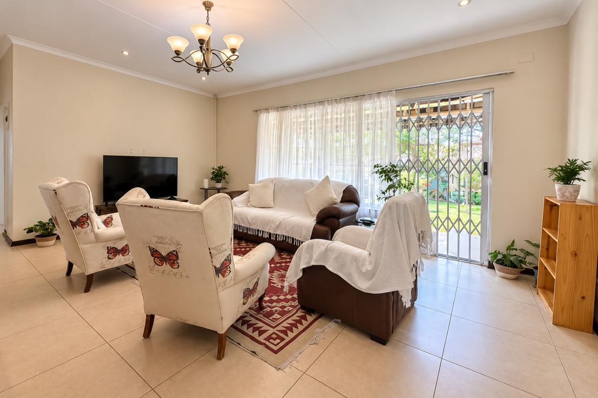 A bright and well-maintained living room featuring large format floor tiles, a sliding glass door with security gate, and elegant ceiling lighting.
