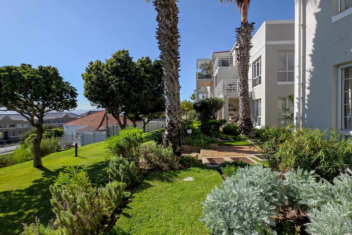 A well-maintained rear garden area featuring mature palm trees, landscaped greenery, and views of the apartment building's balconies.
