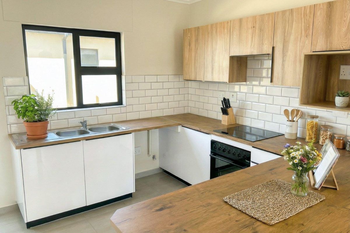 Modern kitchen featuring light wood-look cabinetry, subway tile backsplash, dark countertops, integrated oven, and hob with a double sink.