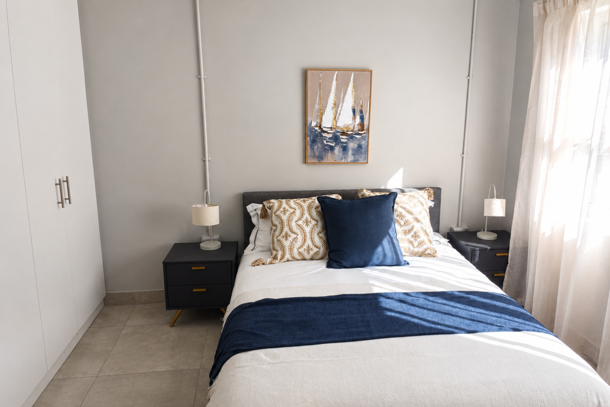 A well-lit bedroom featuring neutral tiled flooring, a built-in wardrobe, and a clean, modern aesthetic with exposed conduit detailing.