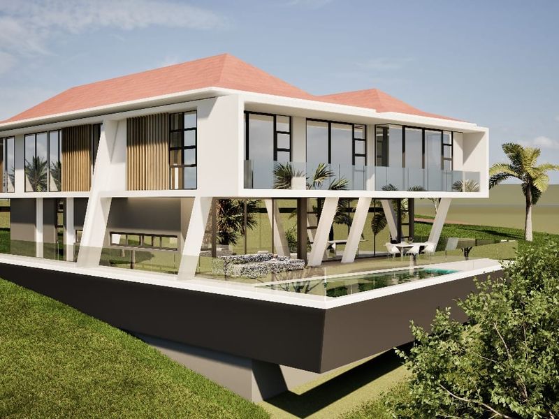 A modern architectural rendering of a residential property featuring a rear patio, swimming pool, and contemporary design elements.