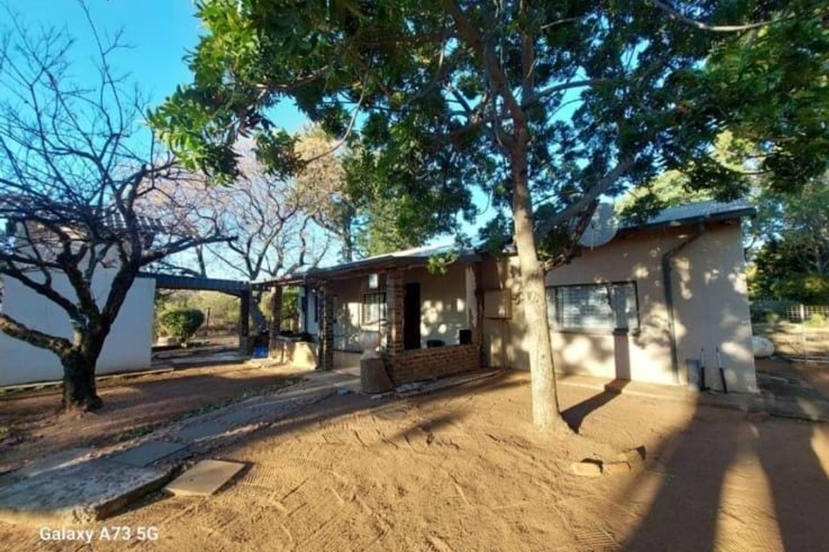Rear view of the house featuring a covered patio area, brick masonry, and a large garden with mature trees.