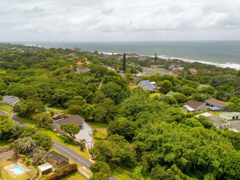 An aerial view of the coastal property and surrounding neighborhood, showcasing the lush green landscape and proximity to the ocean.