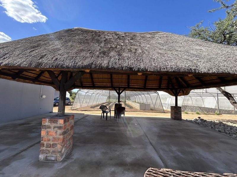 A spacious covered patio featuring a traditional thatch roof supported by brick pillars, overlooking agricultural tunnel structures on the small holding.