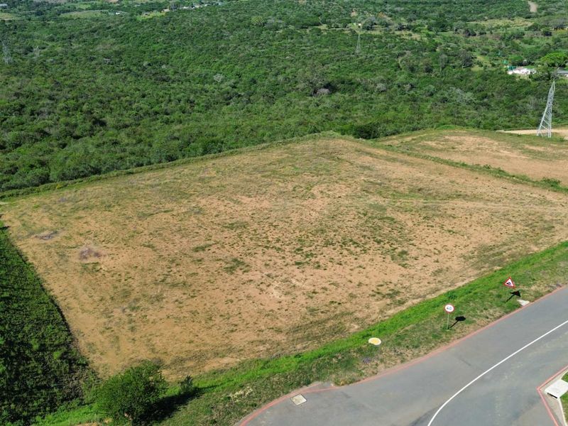 An aerial view of a large, undeveloped industrial plot of land with direct access to a paved road and surrounding natural vegetation.