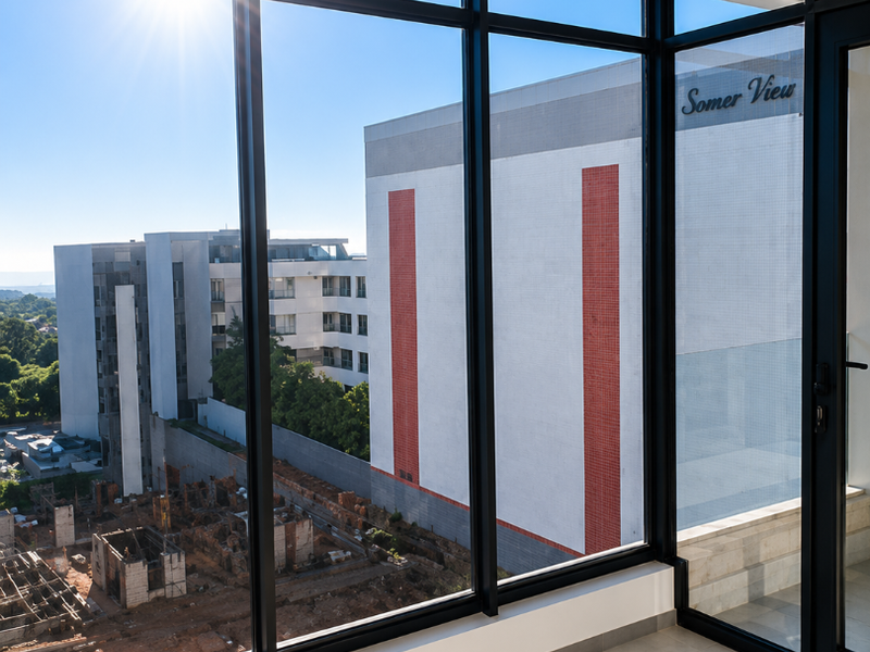 A bright, modern interior space featuring floor-to-ceiling windows with black aluminium frames, offering an elevated view of the surrounding urban landscape.