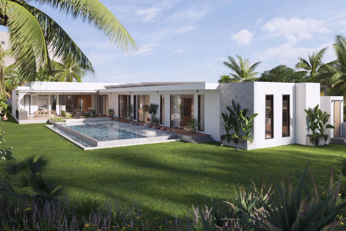 Modern rear exterior view featuring a swimming pool, covered patio area, and landscaped garden with contemporary architectural design and large sliding glass doors.
