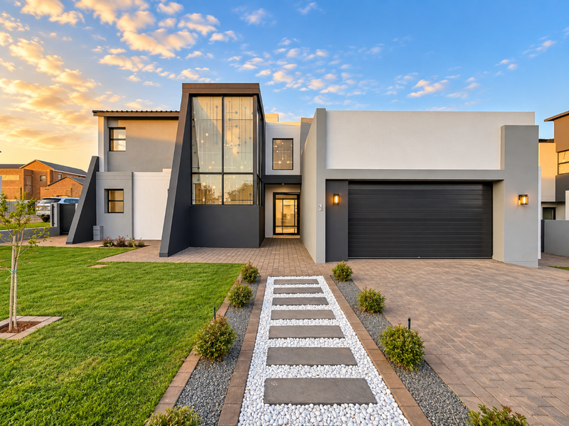 Modern architectural front elevation featuring a double garage, paved driveway, stone pathway, and a striking glass feature window at the entrance.