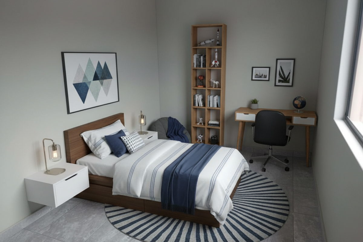 A modern, well-lit bedroom featuring neutral wall tones, tiled flooring, and a large window, creating a clean and comfortable living space.