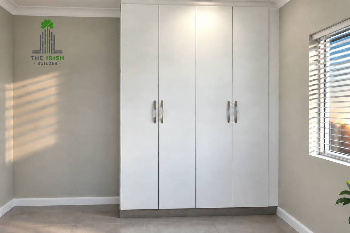 A bright, modern bedroom featuring a large white built-in wardrobe, neutral wall tones, tiled flooring, and a window fitted with venetian blinds.