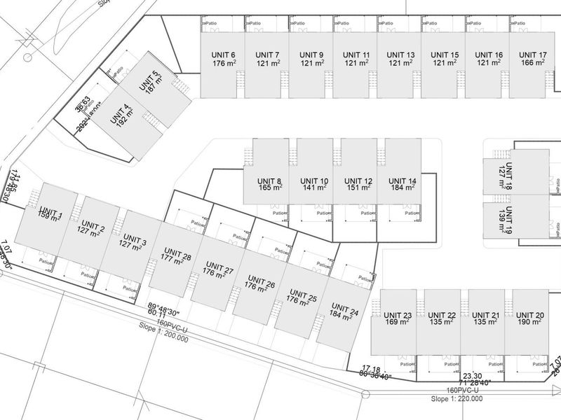 A detailed site plan showing the layout and square meterage of multiple townhouse units within the residential complex.