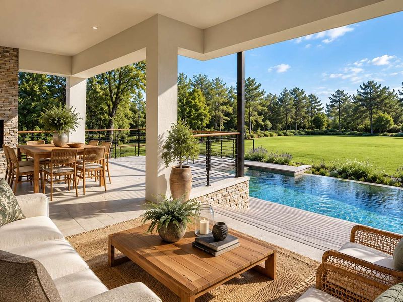 Spacious covered patio featuring a built-in stone fireplace, tiled flooring, and direct access to a swimming pool overlooking a large landscaped garden.