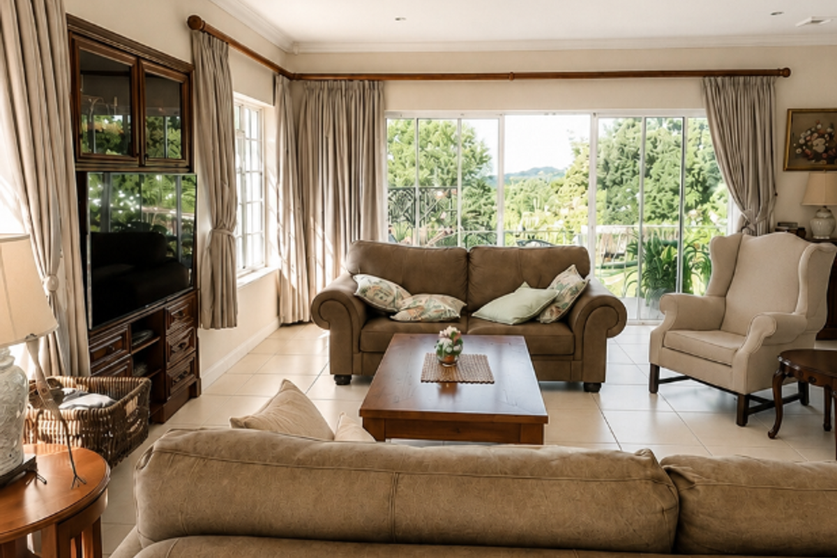 A spacious living room featuring tiled flooring, recessed ceiling lighting, and large sliding glass doors that provide natural light and access to the outdoors.