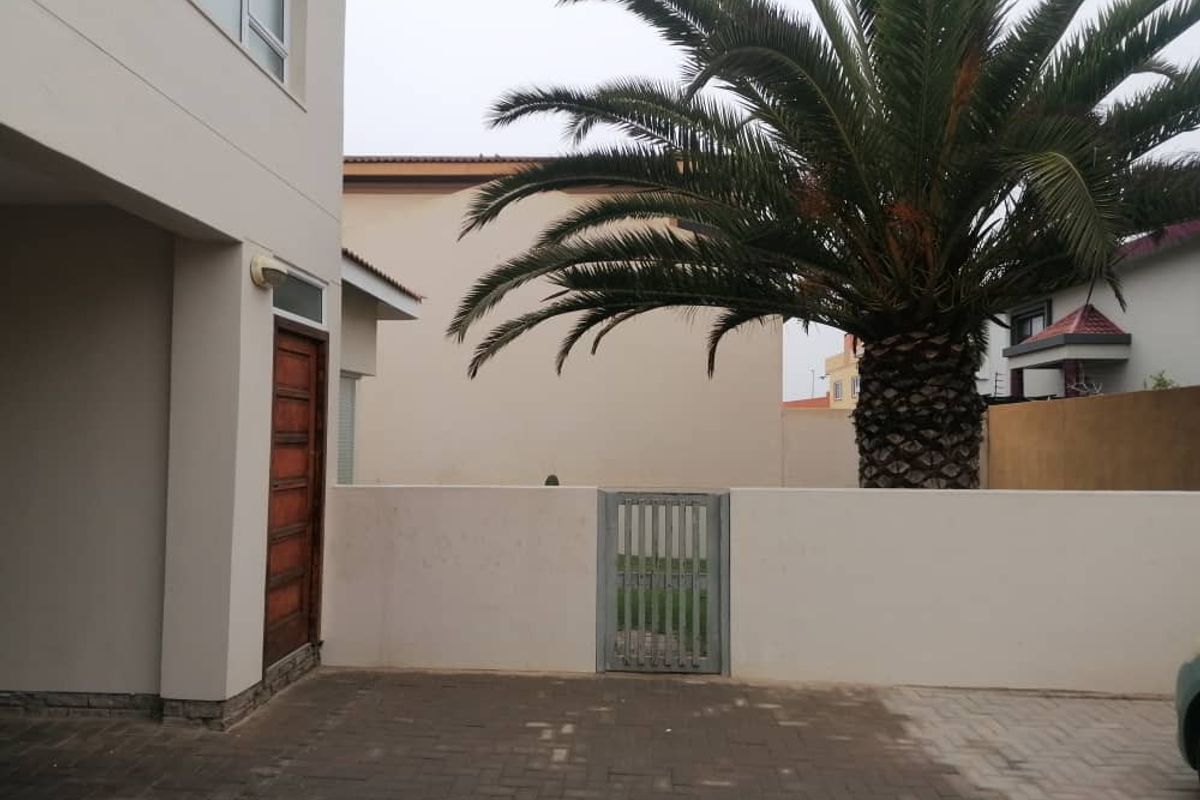 A view of the exterior side area featuring paved ground, a solid boundary wall with a metal pedestrian gate, and a large palm tree.