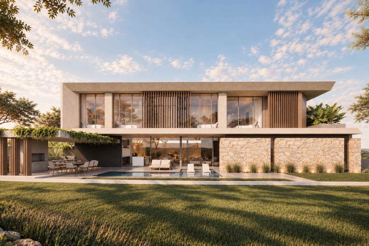 Modern luxury residence featuring a swimming pool, stone-clad facade, timber detailing, and expansive glass doors opening onto a covered patio and landscaped garden.