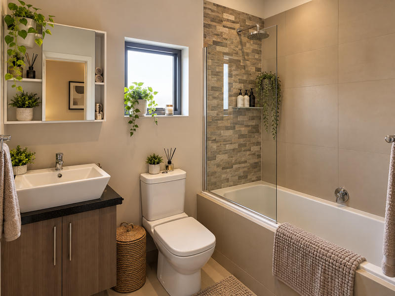 Modern bathroom featuring a vessel sink on a stone vanity, a toilet, and a bathtub with a glass screen and stone tile feature wall.