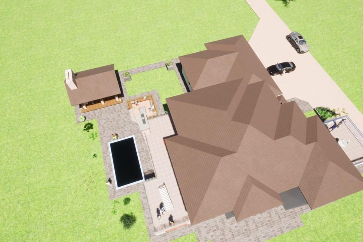 Aerial view of the property showcasing the main house, detached gazebo, swimming pool, paved patio areas, and driveway.