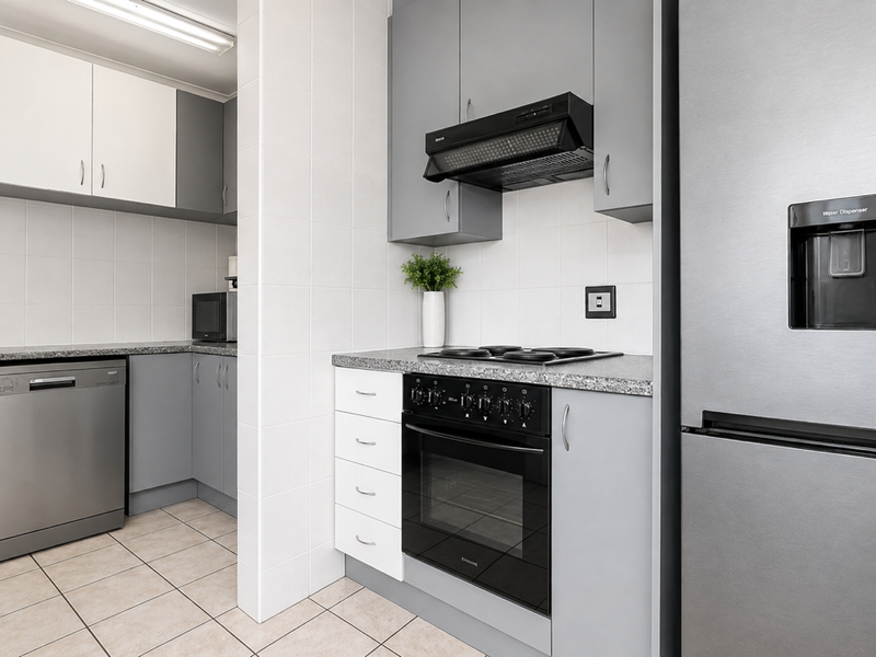 A modern, well-maintained kitchen featuring grey and white cabinetry, stone-look countertops, built-in oven and hob, and tiled finishes throughout.