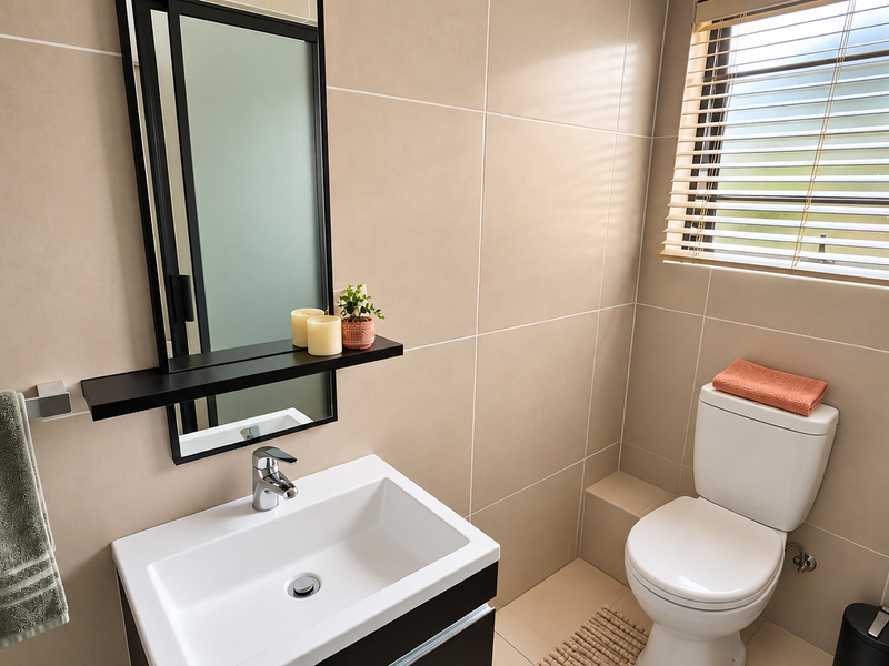 Modern bathroom featuring neutral wall tiles, a sleek wall-mounted vanity with basin, and a window with venetian blinds.