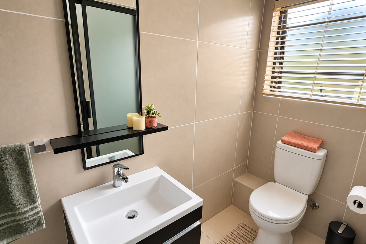 Modern bathroom featuring neutral wall tiles, a sleek wall-mounted vanity with basin, and a window with venetian blinds.