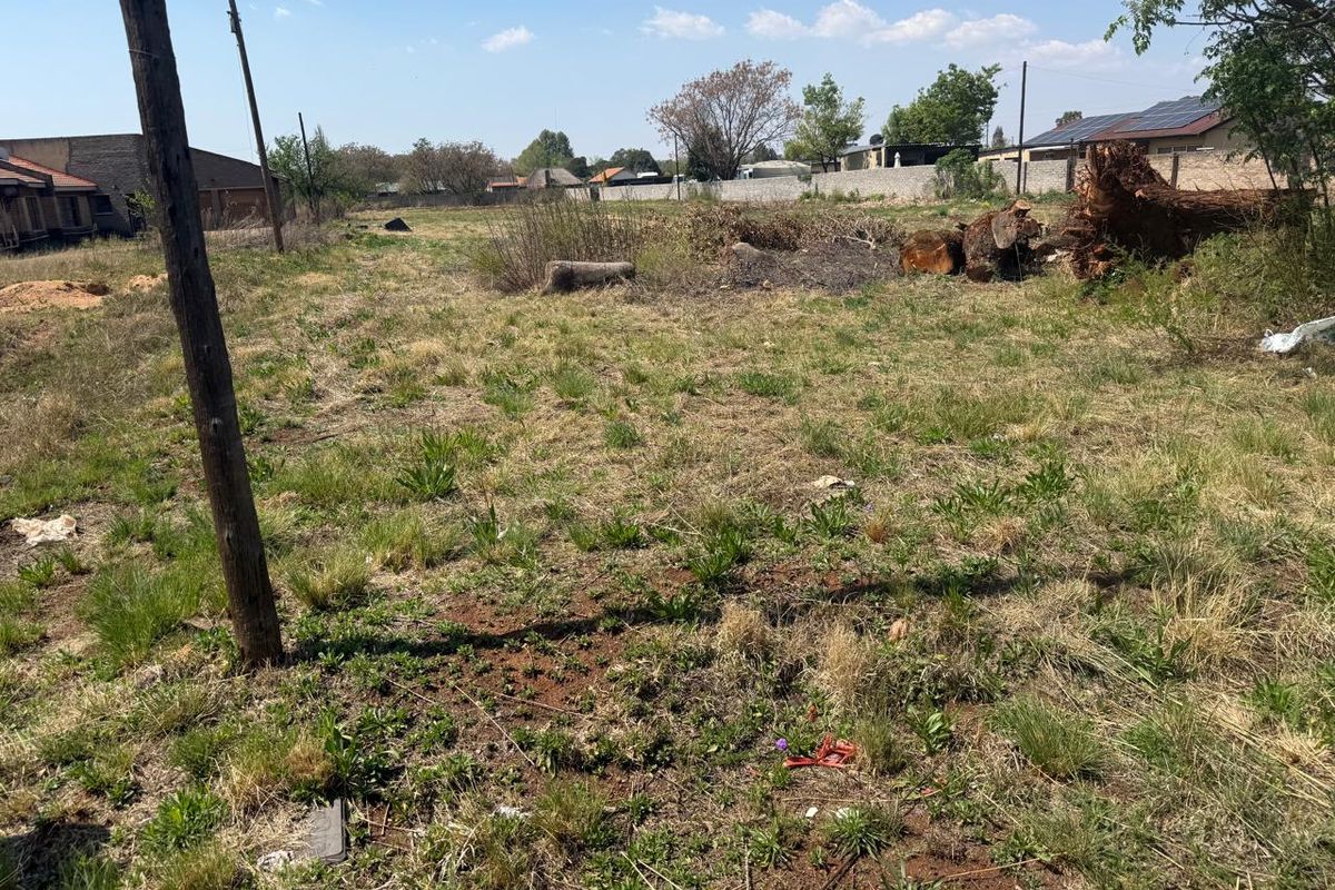 A vacant residential plot featuring natural grass, a utility pole, and perimeter walling, offering a blank canvas for future development.