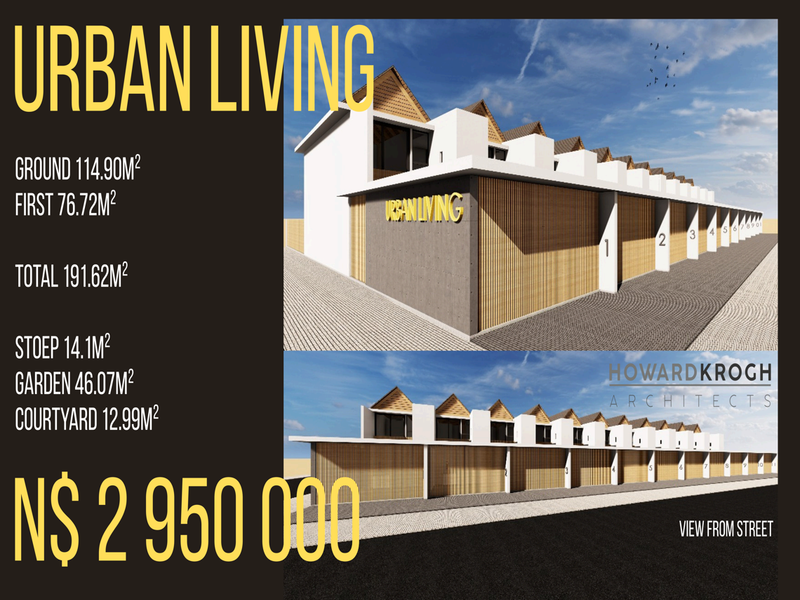 Architectural rendering of a modern townhouse development featuring timber-clad facades, pitched roofs, and paved driveway access.